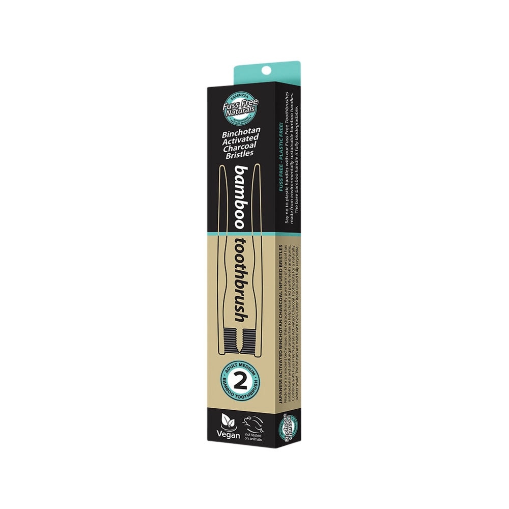 Essenzza Fuss Free Naturals Toothbrush Bamboo Activated Charcoal Medium 2 Pack