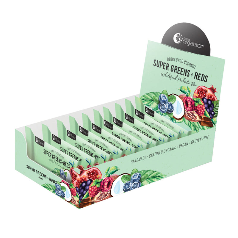 Nutra Organics Organic Wholefood Probiotic Bar Super Greens + Reds (Berry Choc Coconut) 45g x12Disp