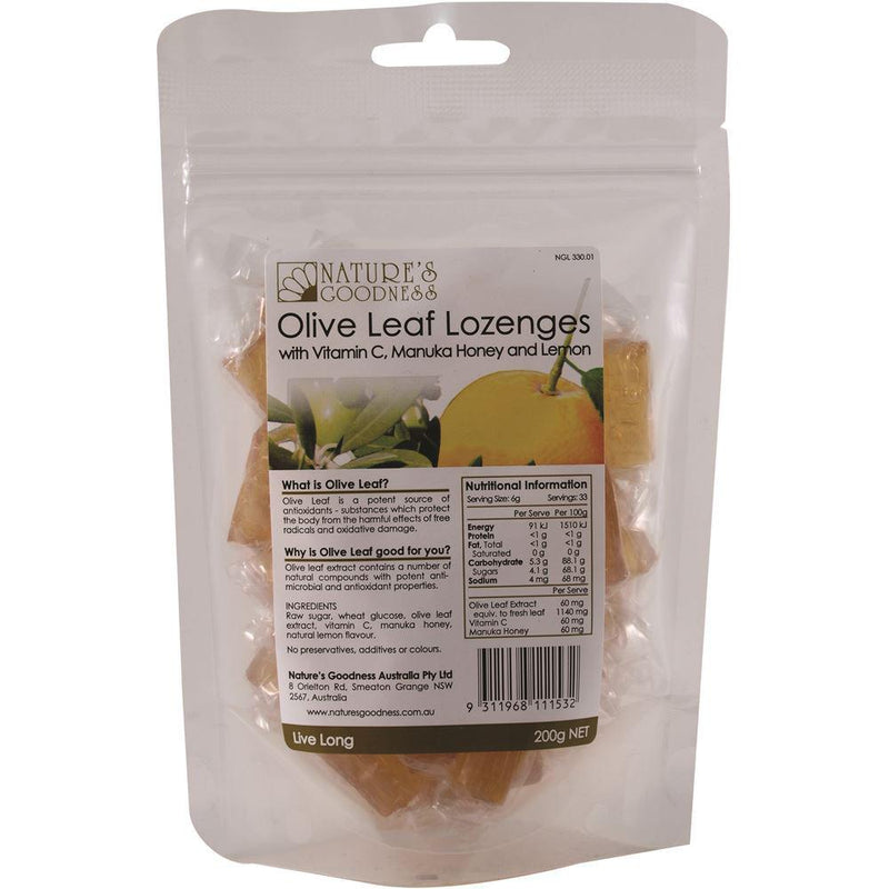 Nature's Goodness Olive Leaf Lozenges Vitamin C Manuka Lemon 200g